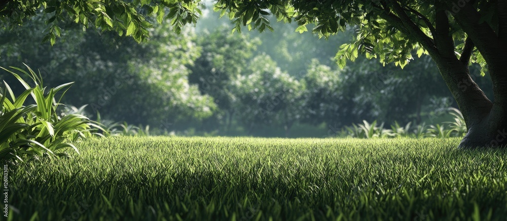 Poster lush green lawn under shaded trees in a serene park setting with sunlight filtering through leaves c