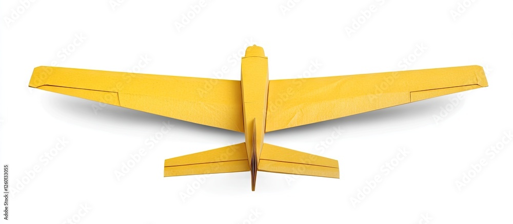Poster bright yellow handmade paper airplane centered on a clean white background, showcasing symmetrical w