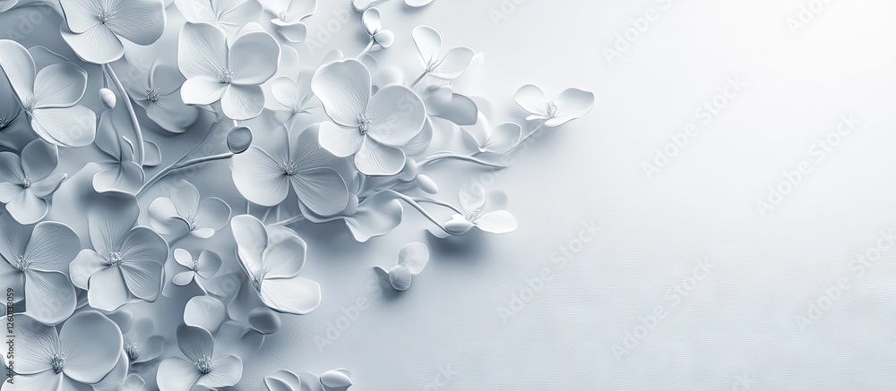 Fototapete sakura flowers in white bloom positioned at the top left on a light gray background with soft sunlig