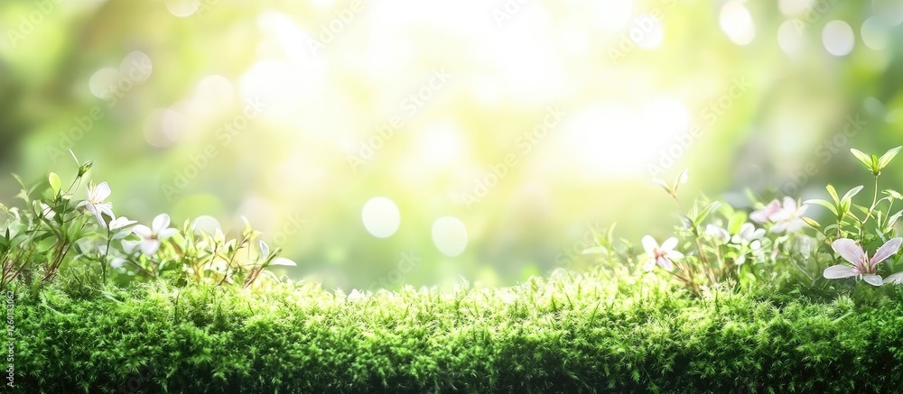 Aufkleber bright sunlight illuminating lush green moss in a forest clearing with white flowers and a soft boke