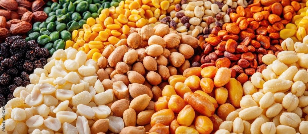 Poster assorted nuts and seeds in varied colors arranged in a vibrant mix with white background showcasing 