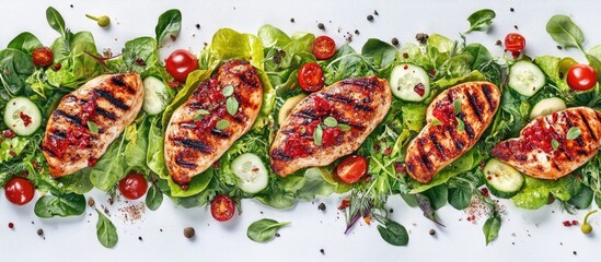 Grilled chicken breasts arranged on fresh greens with cherry tomatoes, cucumber, and arugula, vibrant colors, top view healthy lunch scene