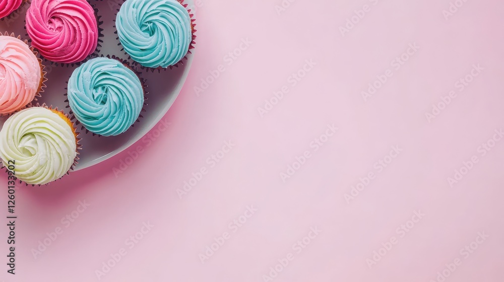 Poster a selection of cupcakes with vibrant frosting on a plate, placed on a soft-colored background for te