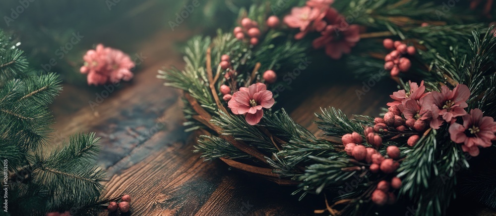 Poster wooden wreath crafted with pine branches and pink flowers on rustic wooden table with arts and craft