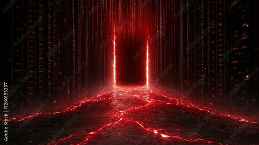 Poster cracked data portal erupting red streams digital realm visual sci-fi environment dynamic perspective