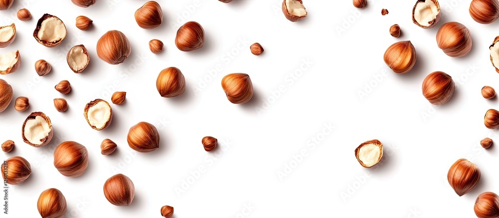 Poster top view of scattered whole and halved hazelnuts on a white background, featuring a mix of light bro