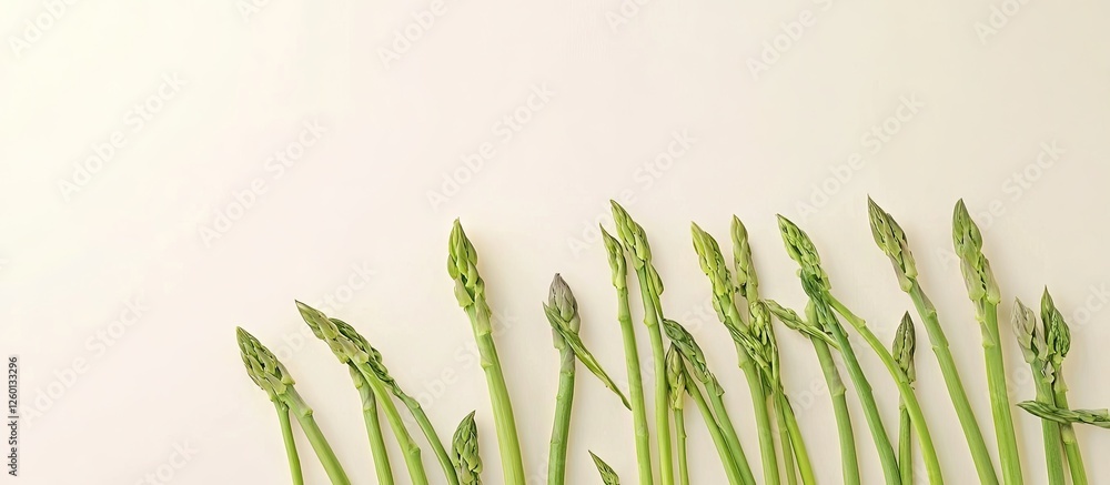 Poster fresh green asparagus tips neatly arranged in a linear fashion on a soft cream background showcasing