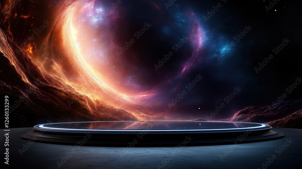 Poster cosmic dreamscape showcasing deep purples and fiery oranges in a celestial wonderland with open spac