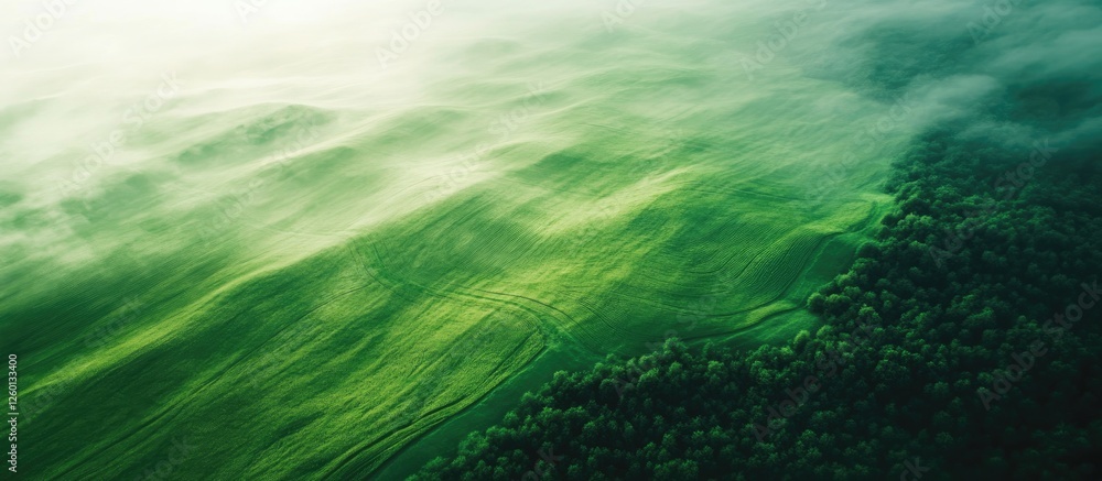Aufkleber aerial view of lush green landscape with misty horizon creating a serene atmosphere, featuring rich 