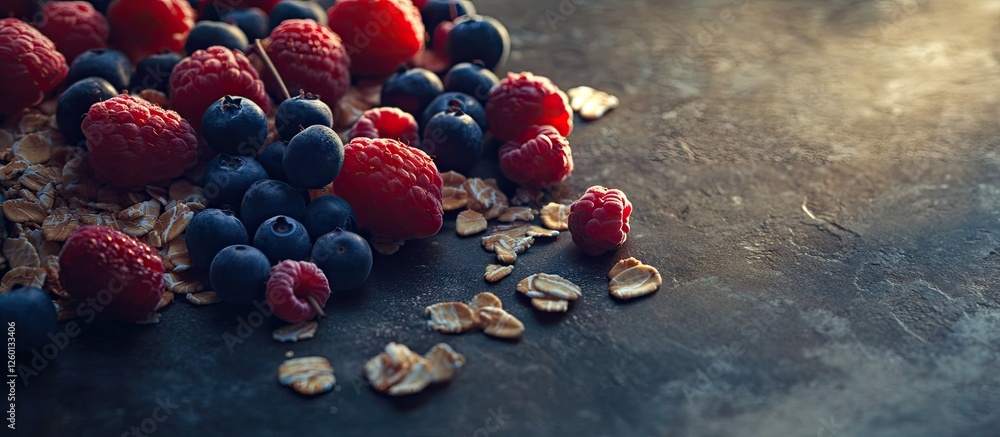 Poster Rustic dark background featuring scattered muesli and an abundance of fresh raspberries and blueberries creating a vibrant and healthy breakfast scene