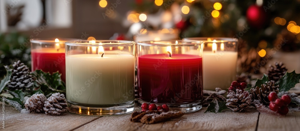 Aufkleber festive holiday candles in clear glass holders arranged on a wooden surface with pinecones and green