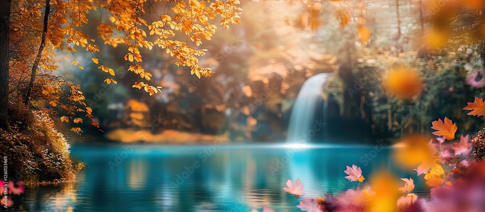 Poster serene autumn landscape featuring a vibrant waterfall cascading into a tranquil turquoise lake surro