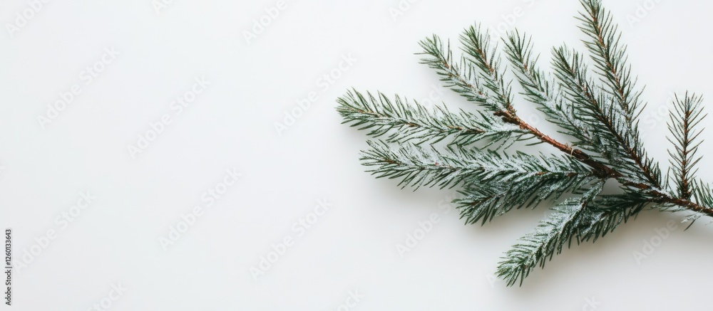 Poster fresh fir branch with green needles positioned on the bottom right corner against a clean white back