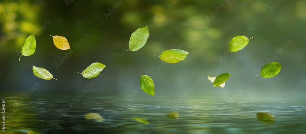 Leinwandbilder Green leaves gracefully floating above a serene water surface with a soft blurred green background creating a calm and refreshing atmosphere.