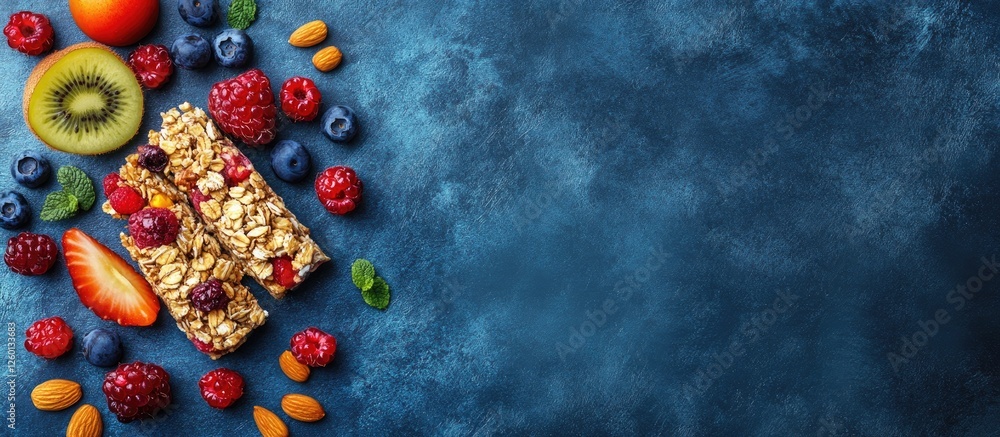 Poster healthy vegan granola bar with nuts fruits and berries on blue stone table arranged creatively with 