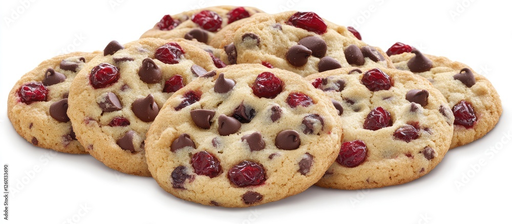 Poster delicious chocolate chip cookies with scattered red cranberries arranged on a white background showc