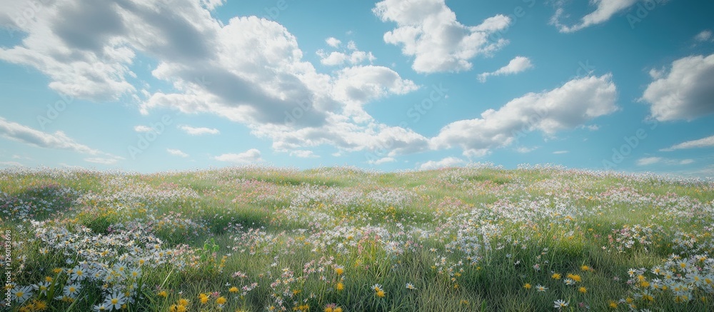 Poster vibrant spring flower field in foreground with lush green grass under a clear blue sky dotted with f