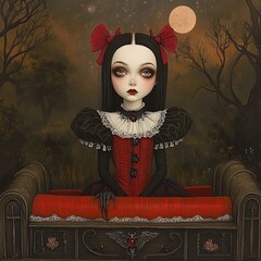 A gothic pop-surrealism artwork featuring a pale, doll-like girl with dark eyes, red ribbons, and a Victorian vampire dress, sitting inside a black and red coffin – AI Generated Digital Art