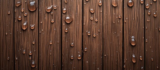 Fototapeta premium Glossy brown wooden planks with raindrops highlighting rich textures and natural beauty, positioned vertically across the image for a sleek look