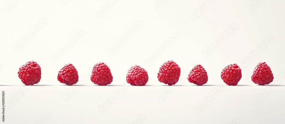 Poster vibrant red raspberries arranged in a straight line against a soft white background, emphasizing the