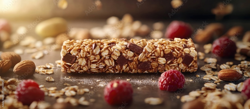 Poster Granola bar with nuts and chocolate topped with raspberries surrounded by scattered almonds and oats on a dark surface with warm lighting