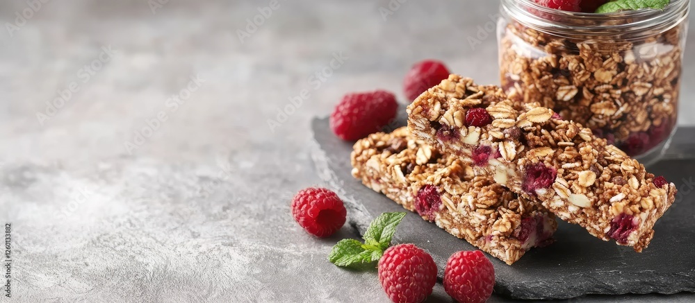 Poster homemade granola bars with fresh raspberries and nuts arranged on grey stone background with copy sp