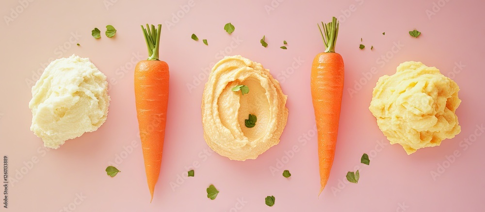 Poster hummus and carrot sticks arranged in a line on a soft pink background with white timber elements hig