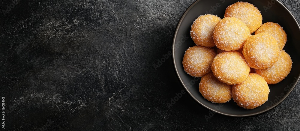 Poster crispy round healthy snack biscuits lightly sprinkled with sugar arranged in a dark bowl on a textur