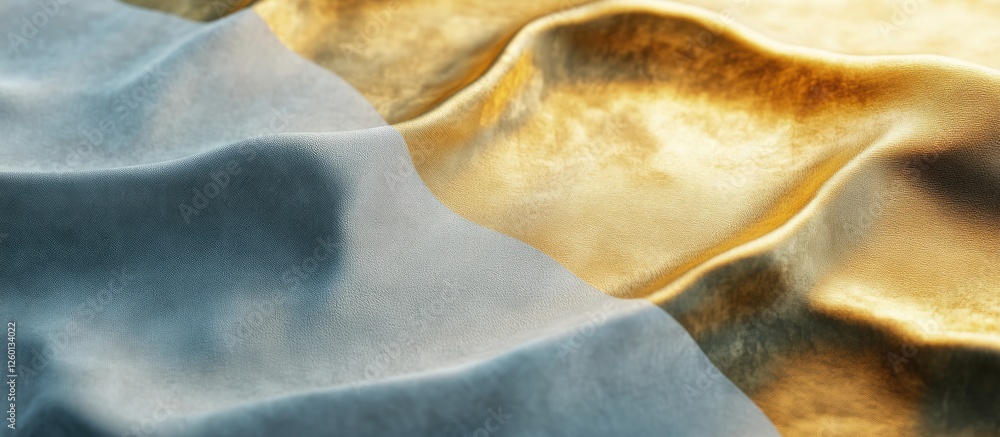 Leinwandbilder textured golden and metallic abstract fabric wavy folds against a soft light blue background creatin