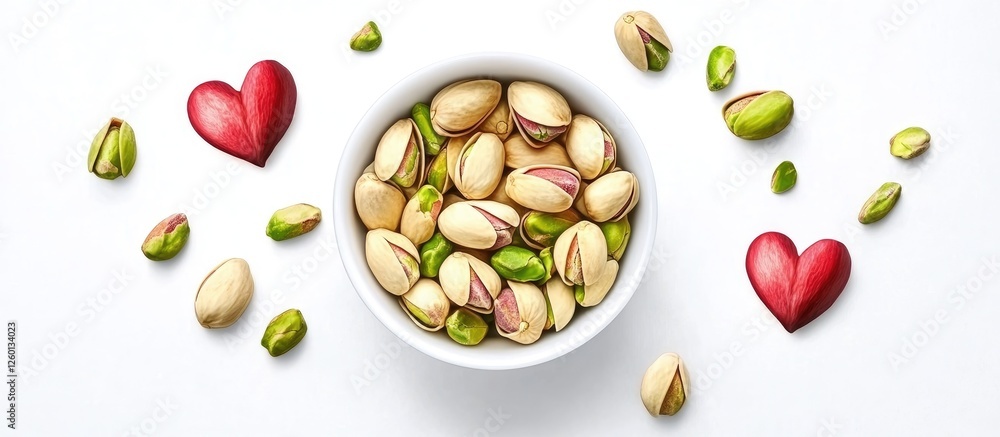 Aufkleber pistachio nuts in a white bowl on a white background surrounded by red hearts and scattered nuts in 