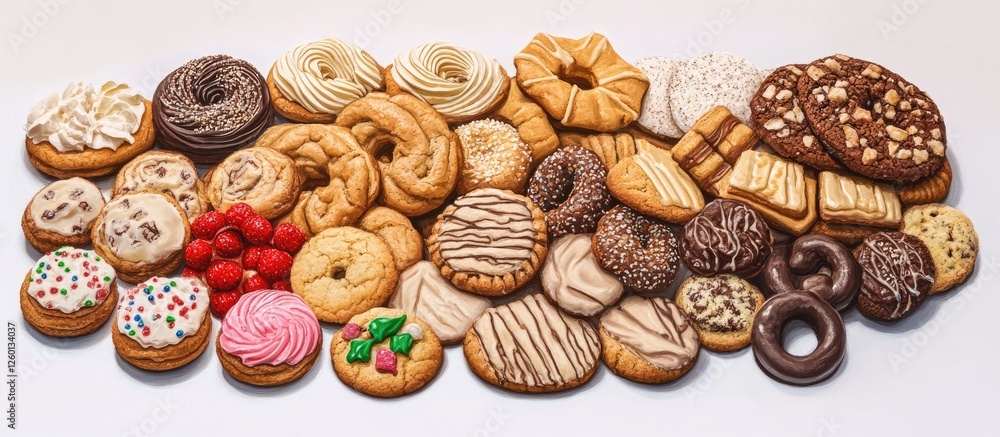Poster variety of gourmet artisan cookies displayed on white background with assorted colors and textures o