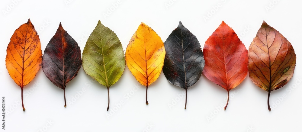 Poster multicolored autumn leaves arranged in a row on a white background showcasing vibrant hues of orange
