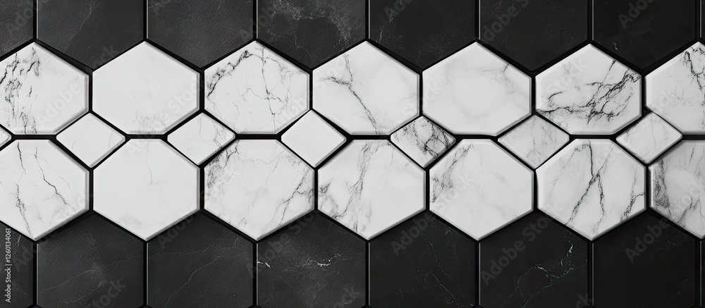 Poster hexagonal white marble tiles arranged in a pattern on a black background showcasing elegant design i