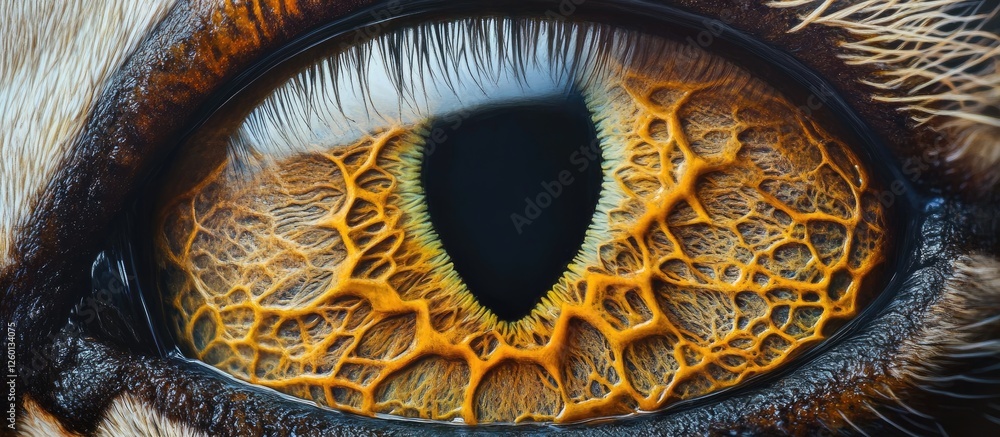 Aufkleber Macro shot of a cat's eye showcasing intricate orange and black patterns with finely detailed textures and glimmering reflections in focus.