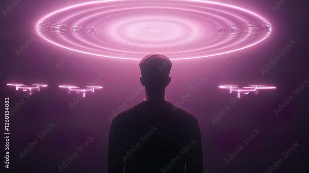 Poster hacker commanding glowing drones in neonlit room digital futuristic environment dramatic viewpoint t