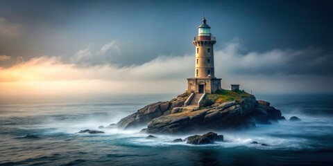 Obraz premium Lighthouse standing alone on a rocky coastline surrounded by darkening water and dense fog, coastal, wave, coastal, wave