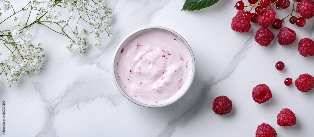 Aufkleber fresh raspberry yogurt in a white bowl on a white marble surface surrounded by ripe raspberries and 