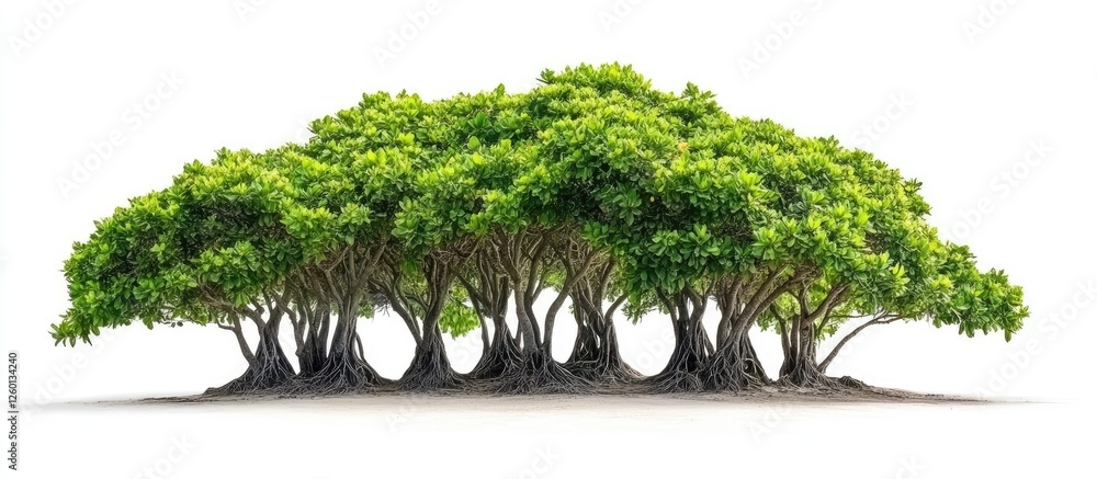 Fototapete lush green trees clustered together, centered on a pure white background, showcasing vibrant foliage
