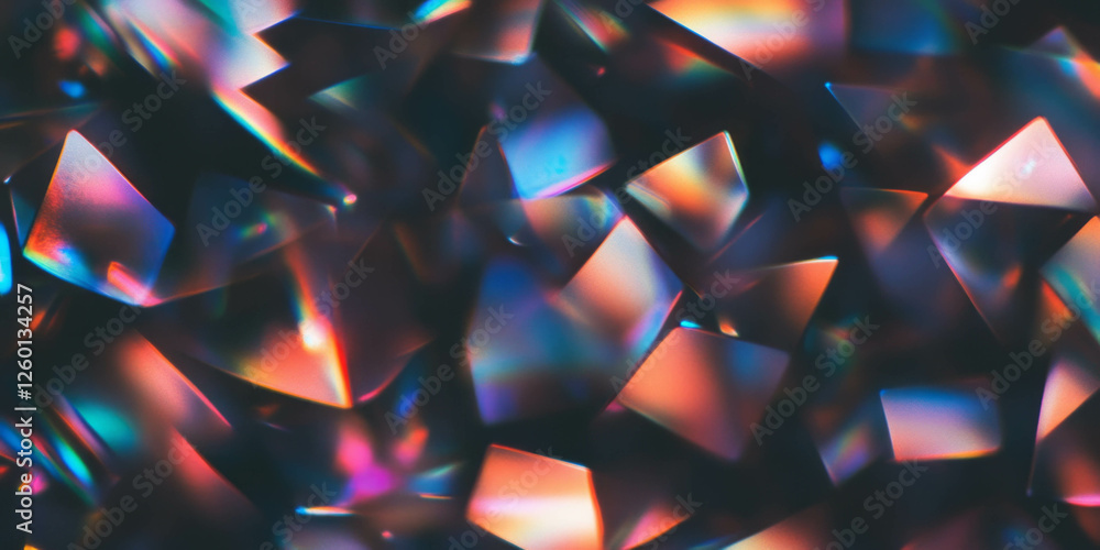 Poster Bright prismatic sparkle with faceted bokeh shapes on black background