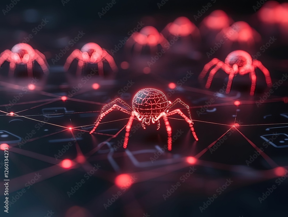 Poster hacker manipulating glowing red digital spiders in a cybernetic landscape virtual reality environmen