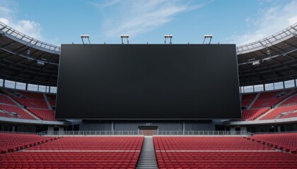 Empty soccer stadium with large blank black screen. Modern stadium architecture. Green field. Potential for advertising. Great for marketing or promotional visuals. © yassine
