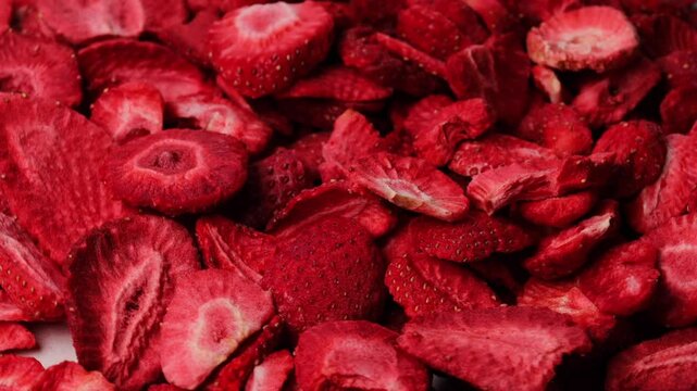 Freeze-dried strawberries, rotation in circle. dehydrated strawberries, Turning. red dried strawberries, strawberry crisps