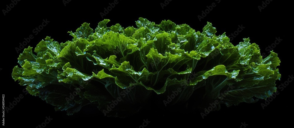 Poster Vibrant green Chinese cabbage with intricate leaf structure centered against a solid black background, emphasizing freshness and rich color details