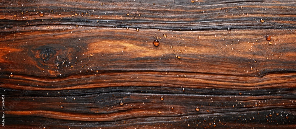 Aufkleber glossy dark brown wooden surface with vertical stripes and raindrops highlighting textured patterns 