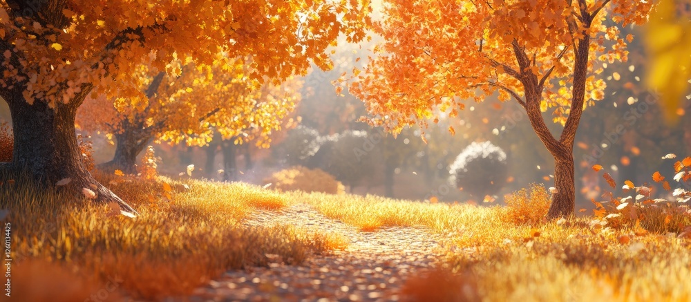 Poster Autumn forest path lined with golden-orange foliage and soft sunlight filtering through, creating a serene and foggy atmosphere.