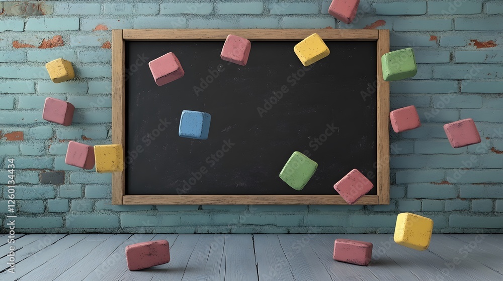 Poster a chalkboard with colorful blocks flying around it