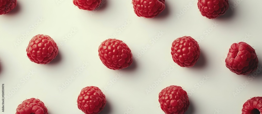 Poster vibrant red raspberries scattered evenly on a clean white backdrop highlighting their rich color and