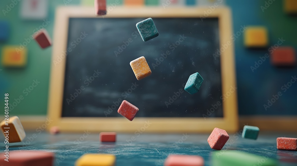 Poster a bunch of colorful blocks are flying around in front of a chalkboard