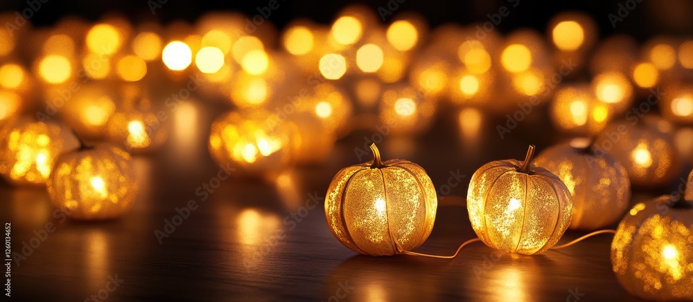 Poster golden illuminated pumpkin lanterns scattered on a dark surface, creating a warm glow for halloween 
