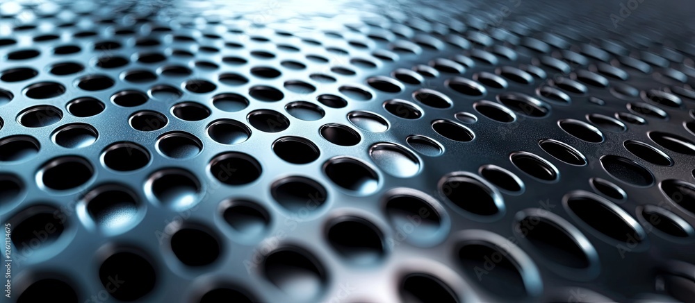 Poster metallic texture backdrop showcasing a deep blue gradient with circular perforations creating a mode